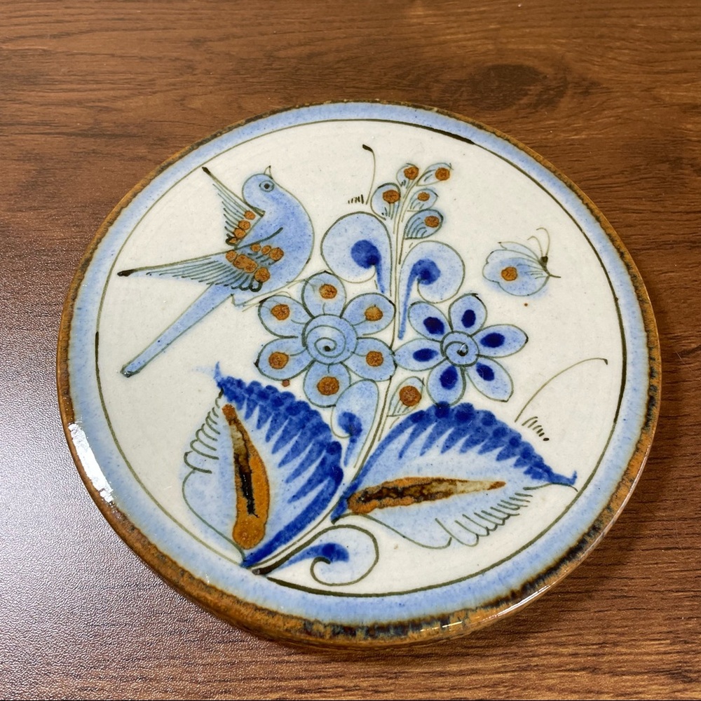Ken Edwards El Palomar Bird Butterfly Flowers Round Trivet Mexican Pottery